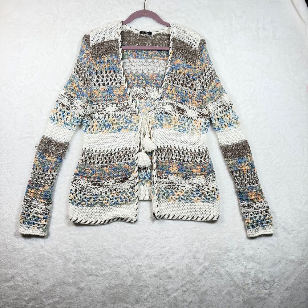Vila Milano Open Knit Cardigan Sweater M Multicolor Boho Tassel Tie Crochet Look